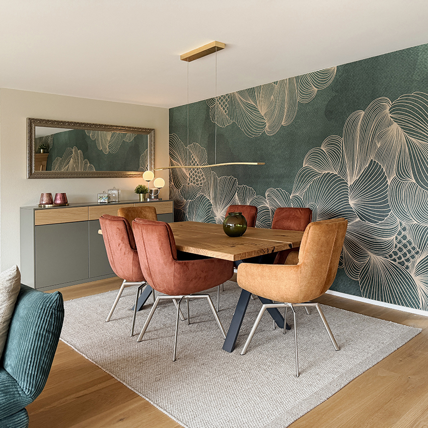 Vorher-Nachher Esszimmer mit neuer Wandgestaltung, Tapete und Farbkonzept von Lonati Design
